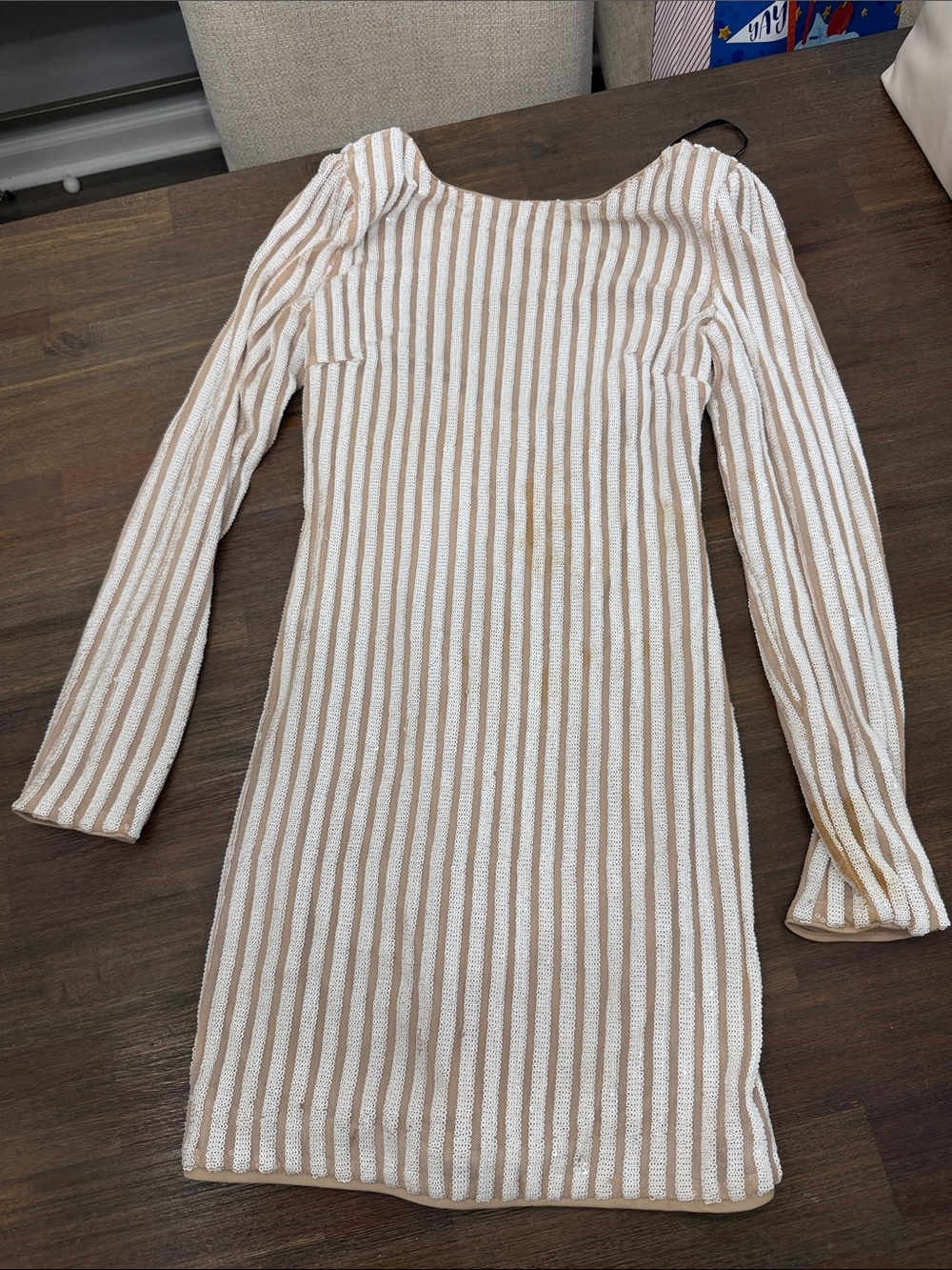 Forever 21 Cream and Tan Striped Long-Sleeve Bodycon Dress